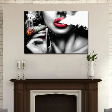 Wooden Frame Wall Art Ready to Hang - Smoking Women Sexy Red Lips Poster Painting Canvas Wall Art Poster