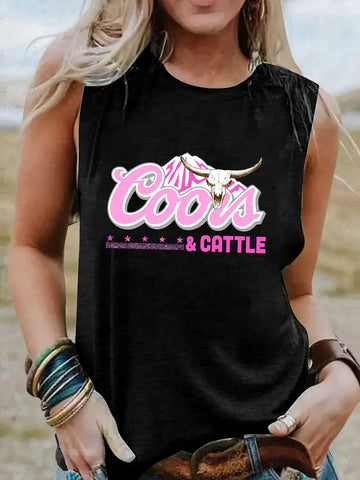 Cow Skull & Letter Print Tank Top, Sleeveless Crew Neck Casual