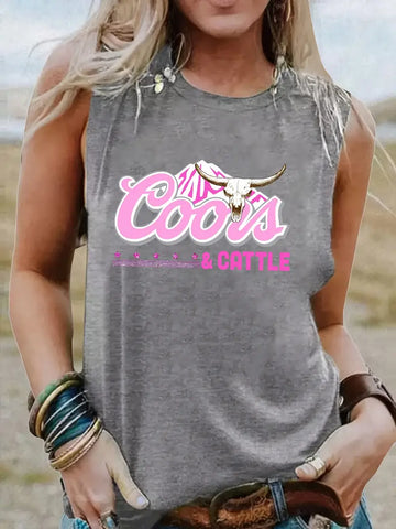 Cow Skull & Letter Print Tank Top, Sleeveless Crew Neck Casual