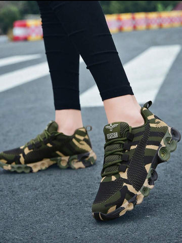 Women's Camouflage Pattern Running Shoes, Breathable Knitted Lace