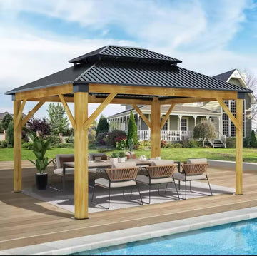 Outdoor Cedar Wooden Gazebo - Patio Wood Frame Gazebo, Heavy-Duty Hardtop Gazebo with Netting & Curtains 13FT x 15FT