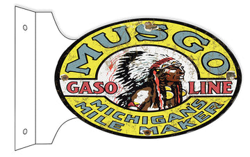 Aged, Reproduction, Musgo Michigan’s Mile Maker Gasoline Double Sided Flange Sign. 12×18 Oval