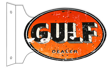 Aged Reproduction Gulf Double Sided Flange Sign. 12×18 Oval