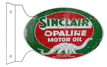 Faux Rust Aged Sinclair Opaline Motor Oil Double Sided Flange Sign. 12×18 Oval