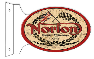 Aged Nostalgic Looking Norton Motorcycle Double Sided Flange Sign. 12×18 Oval