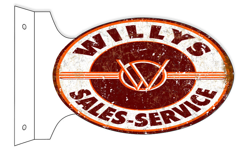 Aged Looking Reproduction Willys Sales-Service Double Sided Flange Sign. 12×18 Oval