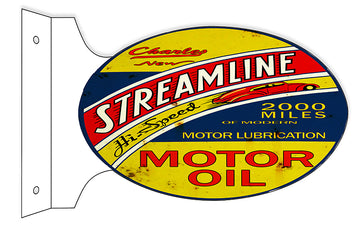 Reproduction Aged Looking Charles Streamline Motor Oil Double Sided Flange Sign.12×18 Oval