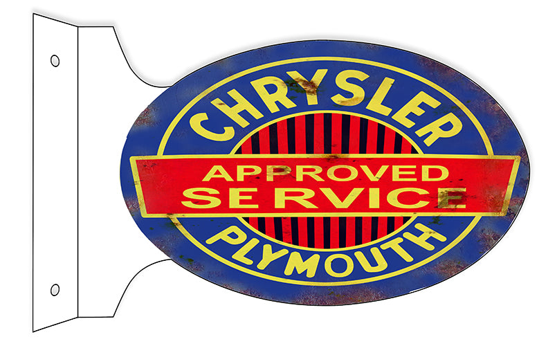 Aged Looking Reproduction Chrysler Approved Service Plymouth Double Sided Flange Sign . 12×18 Oval