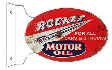 Faux Rust Aged Looking Rocket Motor Oil Double Sided Flange Sign. 12×18 Oval