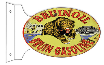 Aged looking with Faux Rust Bruin Oil Bruin Gasoline Double Sided Flange Sign. 12×18 Oval