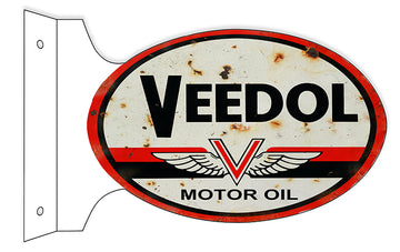 Aged Looking with Faux Rust Veedol Motor Oil Double Sided Flange Sign. 12×18 Oval